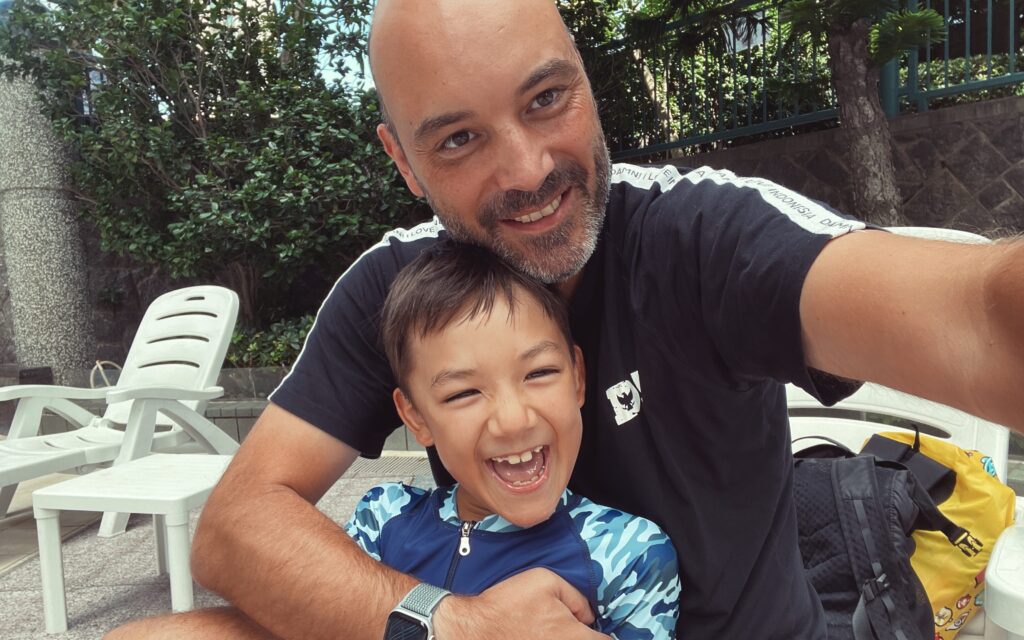 With my son on a hot Sunday in Hong Kong.