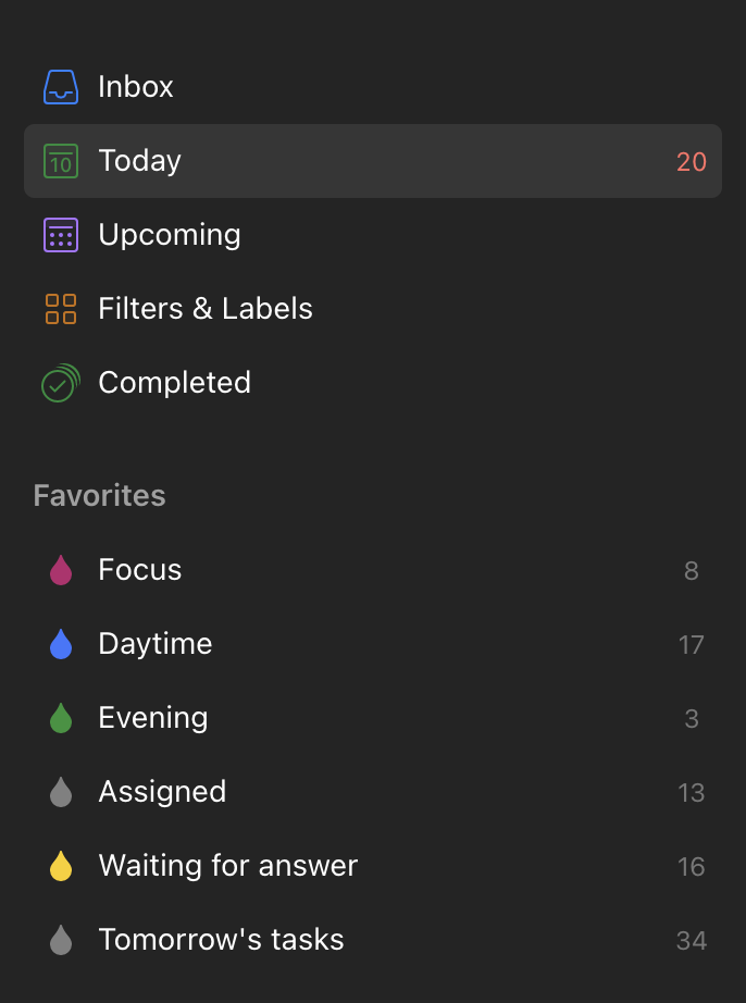 My favourites - filters I created inside Todoist